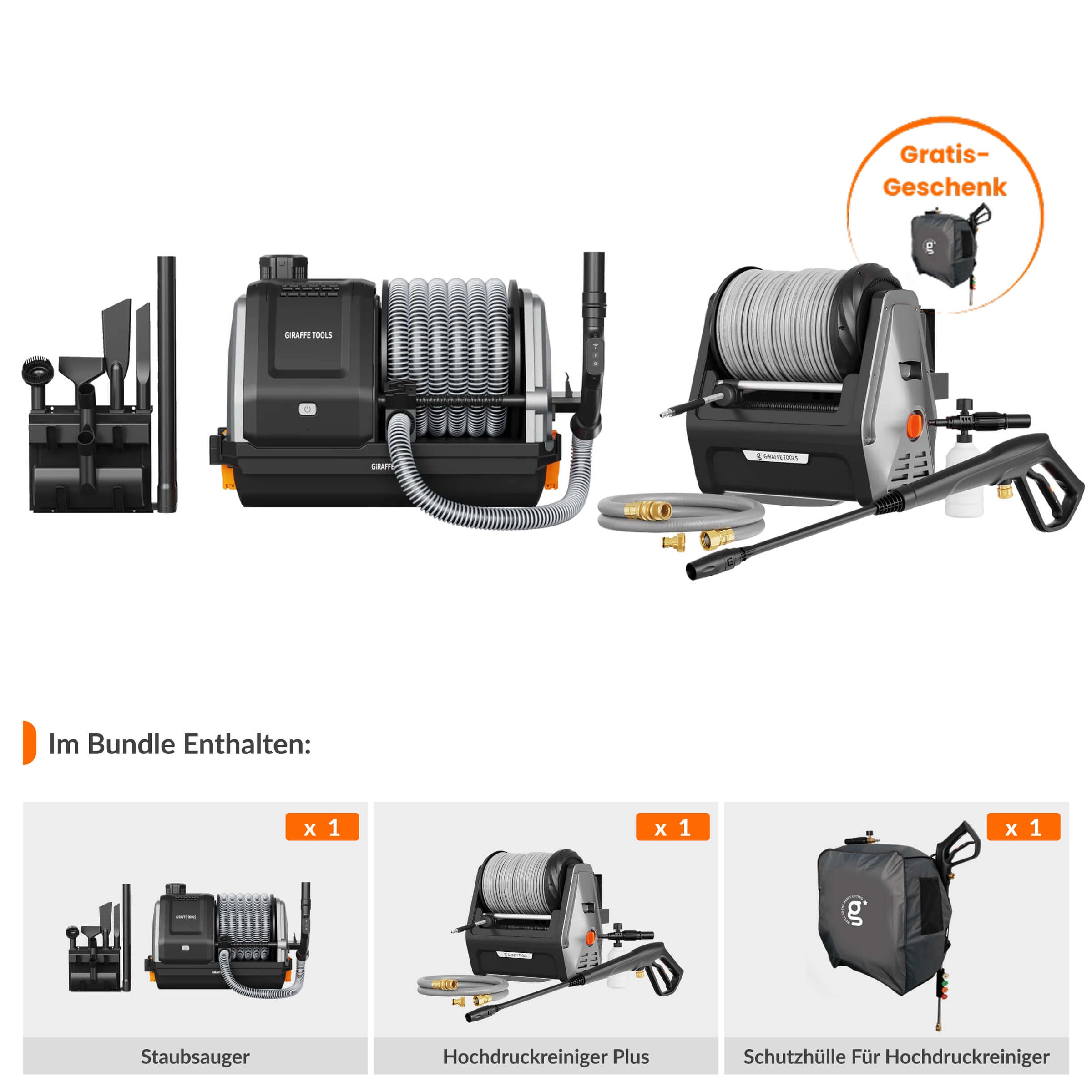 Im Bundle enthalten von Giraffe Tools: Wand-Staubsauger und Hochdruckreiniger Set für die Garage.